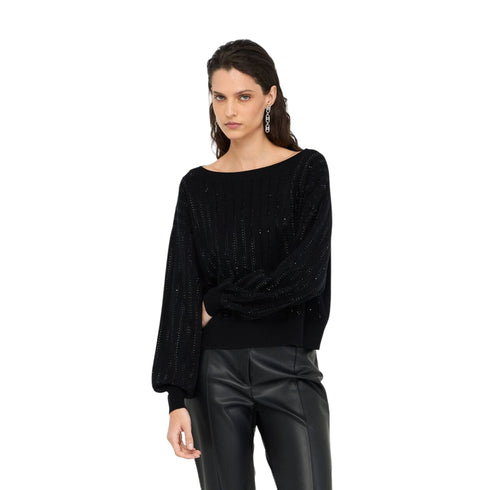 Maglia Donna con maniche ampie a palloncino e bordi a costine
